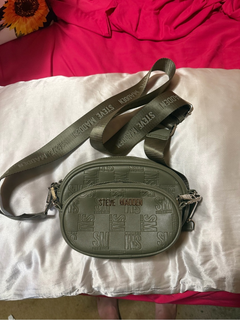 Steve Madden Olive Green Embossed Logo Oval Crossbody